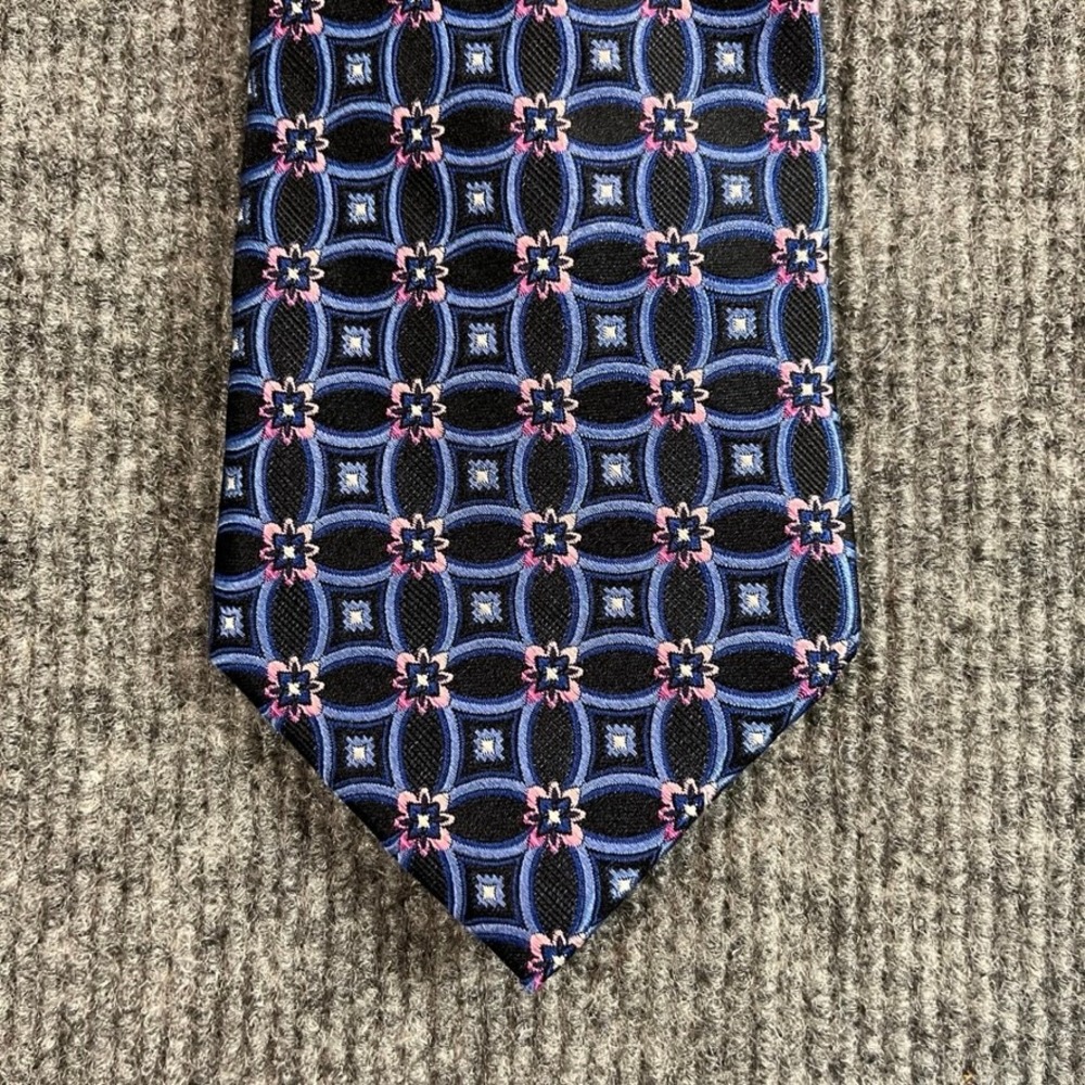 Bruno Piattelli Roma Silk Tie Blue Pink Geometric Floral Medallion Hand Made